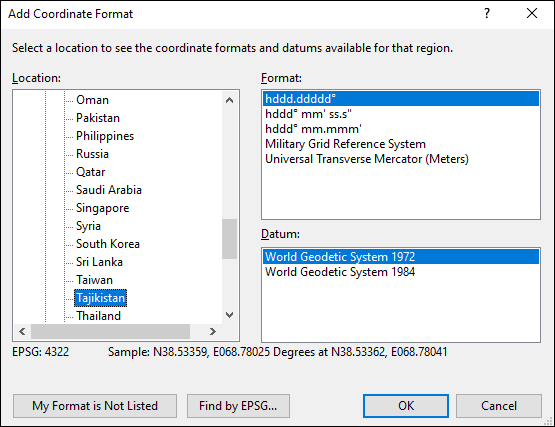 ExpertGPS is a batch coordinate converter for Tajikistani GPS, GIS, and CAD coordinate formats.